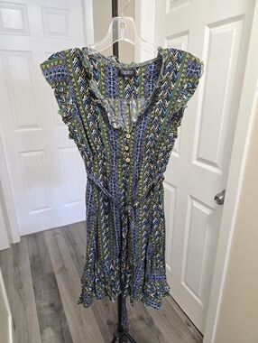 Papillon Blanc 100% Viscose Blue and Green Patterned Dress